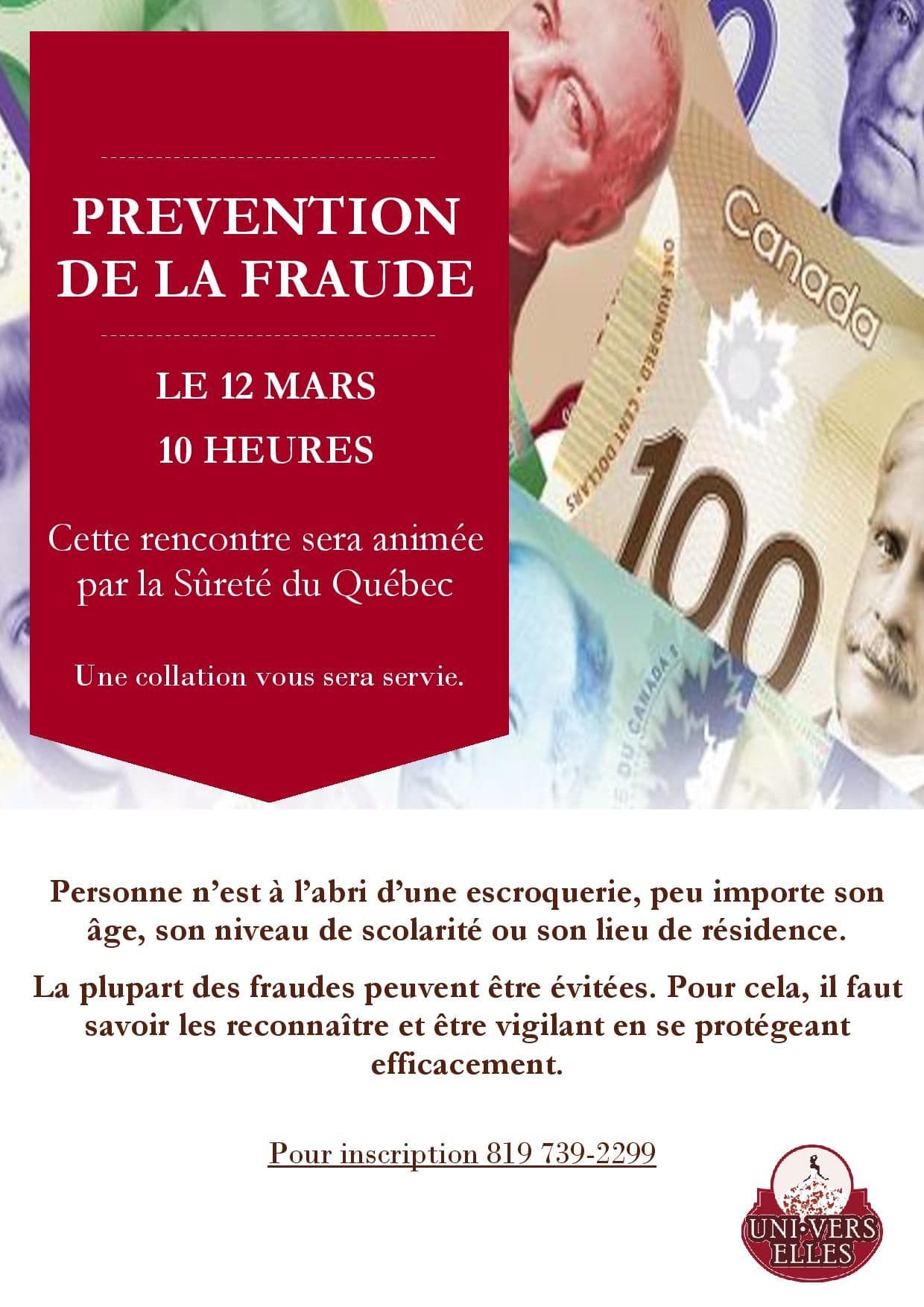 Affiche d'information pour l'atelier sur la prévention de la fraude à Matagami le 12 mars 2025
