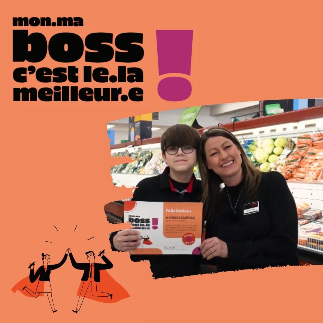 De gauche à droite : Antoine Tourigny, élève de troisième secondaire ; Manon Boudreau, propriétaire de l'épicerie Marché Tradition Matagami
