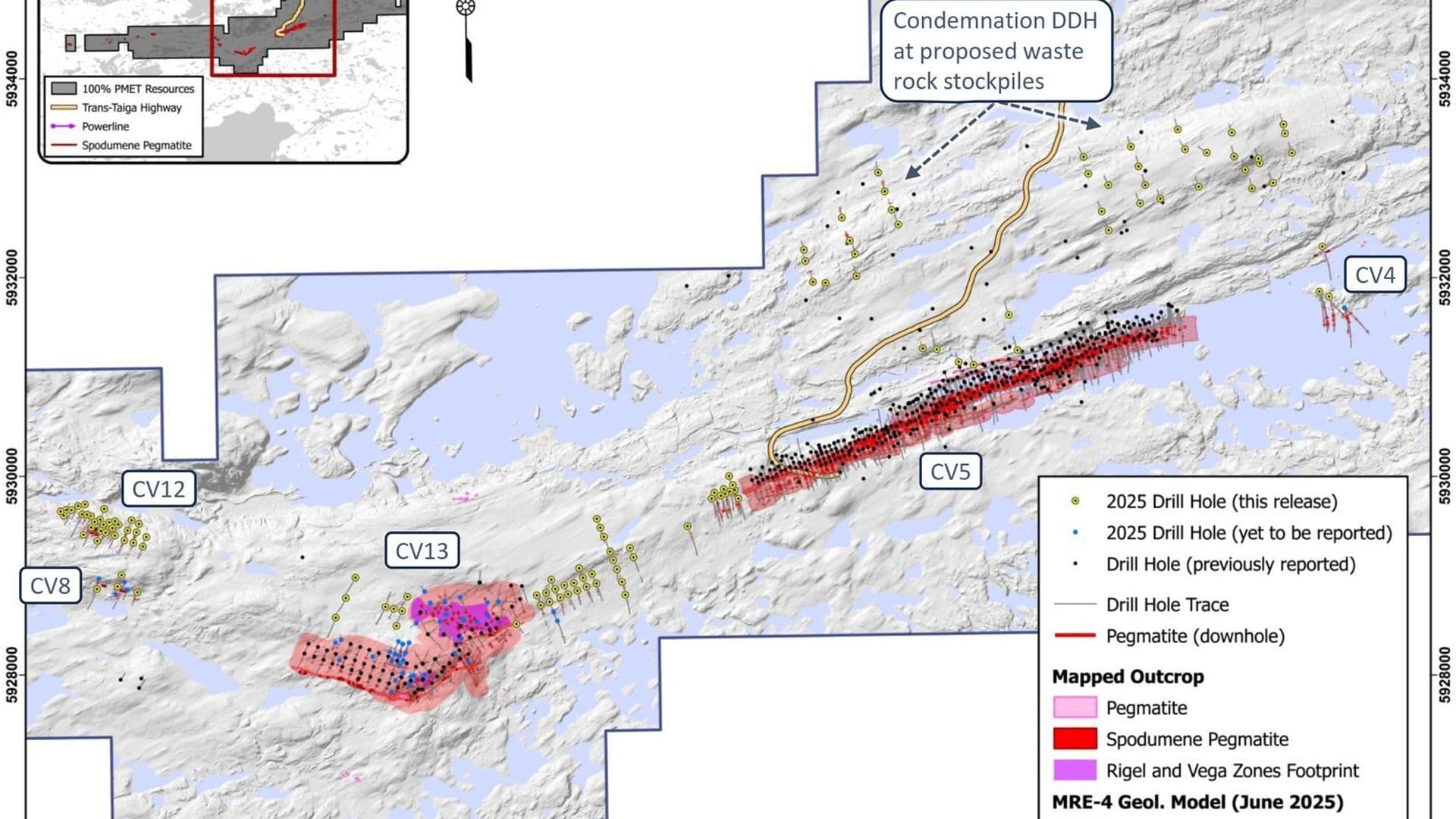 Sondages forés jusqu’à la fin de 2025 sur la propriété Shaakichiuwaanaan. (Groupe CNW/PMET Resources Inc.)