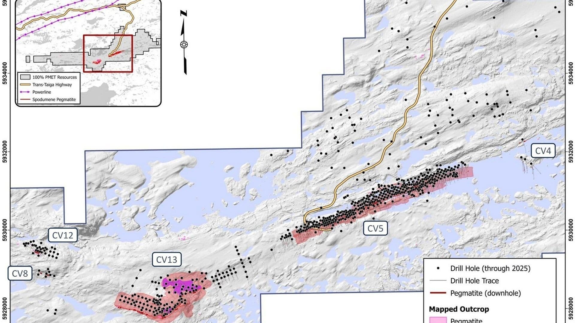 Localisation du corridor principal à Shaakichiuwaanaan où se trouvent les pegmatites LCT CV5 et CV13